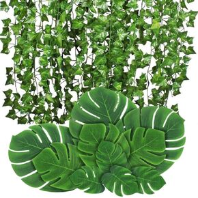 12 Pack 84FT Fake Vines and 10 Pieces 3 Kinds Artificial Tropical Leaf for Birthday Decorations and Home Garden Wall Wedding