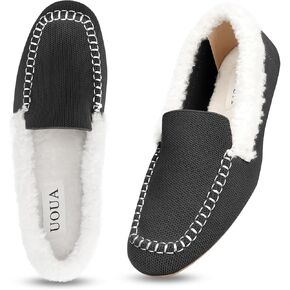 UOUA Women's Knit Moccasin Slippers for Indoor Outdoor Faux Fur House Slippers Fuzzy Slip-on Loafers Winter Shoes