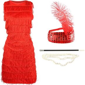 1920's Flapper Dress - Ladies Fancy Dress Costume w/Headband, Cigarette Holder & Pearl Necklace