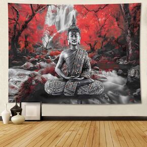 Conank Buddha Tapestry Wall Hanging - Serene Waterfall Trees Zen Wall Art with Large Buddha Statue - Spiritual Radha Krishna Wall Decor for Office Yoga Spa Red 60"x40"