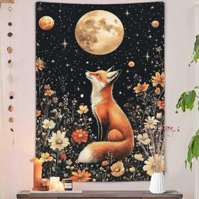 Boho Aesthetic Fox Vertical Tapestry, Retro Dark Witchy Botanical Flowers Deer Art Wall Tapestries, Hippie Colorful Floral Night Sky Tapestry for Bedroom Ceiling Office Living Room, 40X60IN