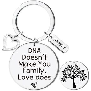 Sentimental Step Parent Keychain Gifts - Appreciate Gift DNA Doesn't Make You Family Love Does Keychains Step Mom Step Dad Heart Pendant Keyring for Mom Dad Adoption Christmas Birthday Present