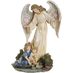 Joseph's Studio by Roman - Guardian Angel with Children Figure on Base, Renaissance Collection, 8.5" H, Resin and Stone, Religious Gift, Decoration
