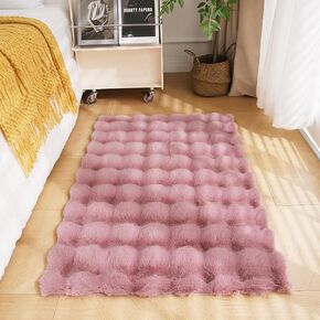 Uhomy Soft Area Rug, 2x3 Machine Washable Faux Rabbit Fur Rug, White Non Slip Fluffy Rug for Bed, Dorm Bedside, Shaggy and Fuzzy Nursery Rug-3D Bubble Rug Rectangle