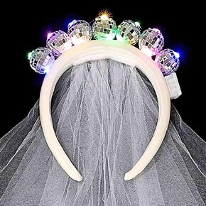 DRESBE Light Up Disco Ball Headband Silver LED Veil Headbands Glow Party Hair Accessories for Women