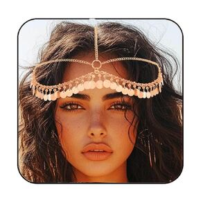 CAKURE Boho Sequin Head Chain Gold Headpiece Jewelry Big Coins Forehead Chains Jewelry Festival Belly Dance Halloween Wedding Hair Accessories for Women