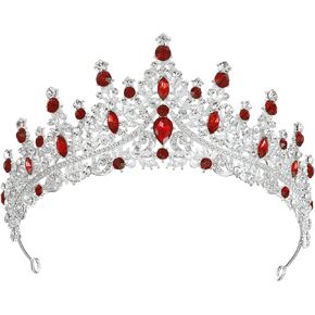VOCOSTE Women Faux Crystal Queen Crowns Tiara, Princess Rhinestone Tiaras, Wedding Birthday Party Cosplay Hair Accessories, Silver Tone Red