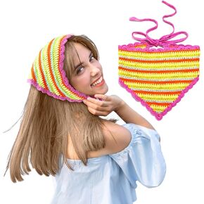 Crochet Hair Bandana Floral Head Scarf, Fashion Knit Hollow Headband for Women Ladies, Cotton Triangle Hair Kerchief