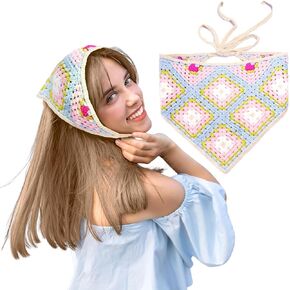 Crochet Hair Bandana Floral Head Scarf, Fashion Knit Hollow Headband for Women Ladies, Cotton Triangle Hair Kerchief