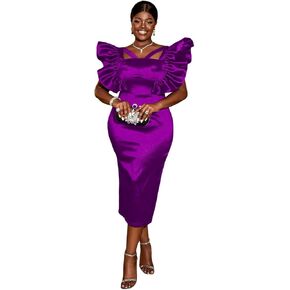 AOMEI Women Ruffle Cap Sleeve Cutout Midi Dress Elegant Square Neck Back Slit Pencil Dresses for Christmas Party Holiday