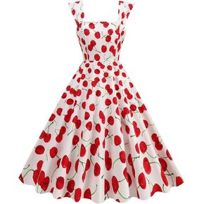 IDOPIP Women Vintage Elegant Swing Dress Mango Strawberry Cherry Rose Print Midi Dress 1950s Retro A Line Cocktail Prom Gown