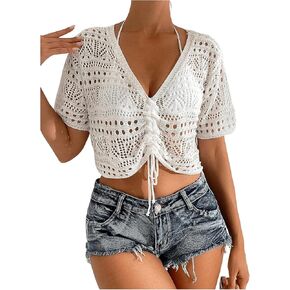 Milumia Women's Hollow Out V Neck Short Sleeve Cover Ups See Through Swimwear Top