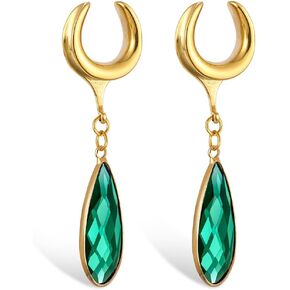 1 Pair saddle gauges earring with green crystal stone Ear Dangle Plugs Tunnels Hypoallergenic Stainless Steel Ear Gauges 00G 6mm-25mm (0G-1") Body Piercing Jewelry