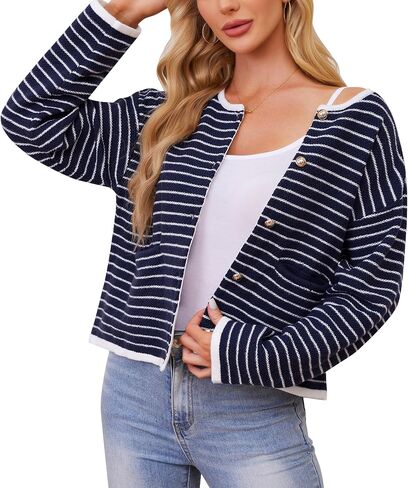 Women's Cardigan Sweaters Striped Sweater Jacket with Pockets Button Down 2024 Fall Knit Casual Coat Cropped Outwear in Saudi Arabia