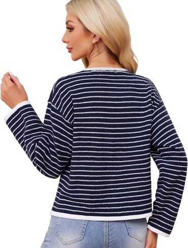 Women's Cardigan Sweaters Striped Sweater Jacket with Pockets Button Down 2024 Fall Knit Casual Coat Cropped Outwear in Saudi Arabia