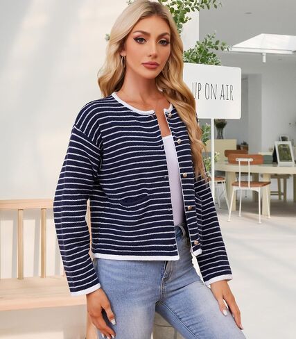 Women's Cardigan Sweaters Striped Sweater Jacket with Pockets Button Down 2024 Fall Knit Casual Coat Cropped Outwear in Saudi Arabia