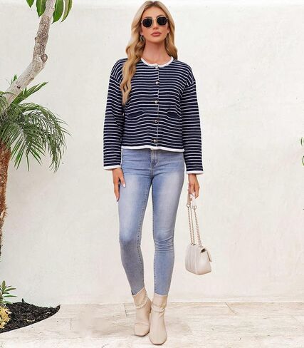 Women's Cardigan Sweaters Striped Sweater Jacket with Pockets Button Down 2024 Fall Knit Casual Coat Cropped Outwear in Saudi Arabia