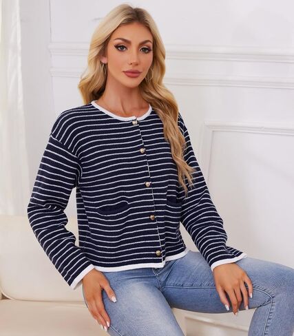 Women's Cardigan Sweaters Striped Sweater Jacket with Pockets Button Down 2024 Fall Knit Casual Coat Cropped Outwear in Saudi Arabia