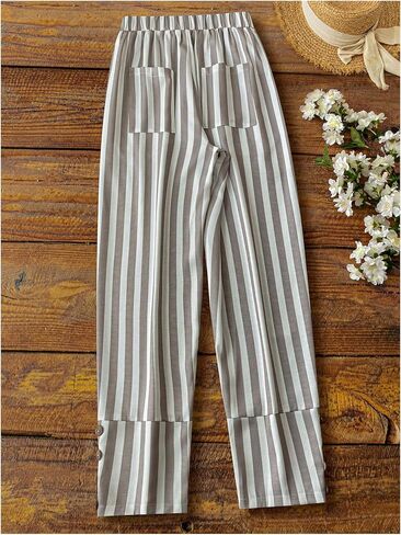 MakeMeChic Women's Striped Elastic Waist Button Pocket Loose Capris Trousers Pants in Saudi Arabia