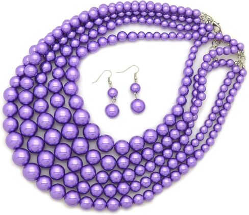 Women's Faux Pearl Five Multi-Strand Statement Necklace and Earrings Set in Saudi Arabia