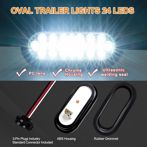 2PCS 6" Inch White 24 LED Oval Reverse Backup Turn Tail Fog Marker Lights, Flush Mount Clear Lens Rubber Grommet, IP67 Waterproof for DC 12-24V Truck Submersible Trailer Light in Kuwait