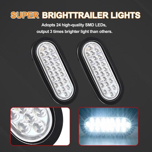 2PCS 6" Inch White 24 LED Oval Reverse Backup Turn Tail Fog Marker Lights, Flush Mount Clear Lens Rubber Grommet, IP67 Waterproof for DC 12-24V Truck Submersible Trailer Light in Kuwait