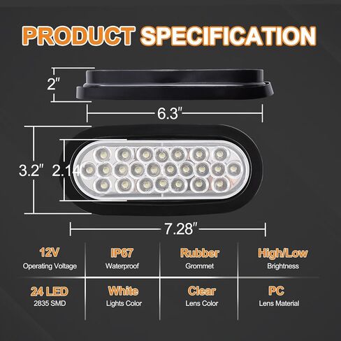 2PCS 6" Inch White 24 LED Oval Reverse Backup Turn Tail Fog Marker Lights, Flush Mount Clear Lens Rubber Grommet, IP67 Waterproof for DC 12-24V Truck Submersible Trailer Light in Kuwait