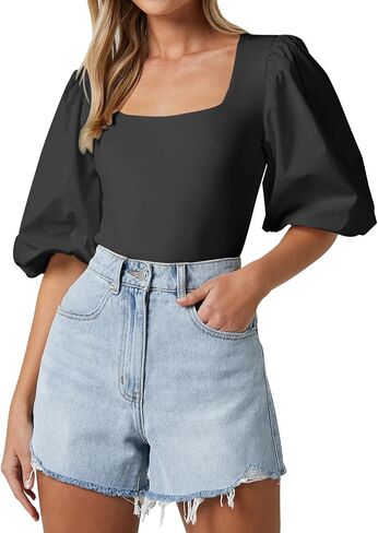 Women's Square Neck Puff Short Sleeve Tops Summer Dressy Casual Blouse T Shirts in Saudi Arabia