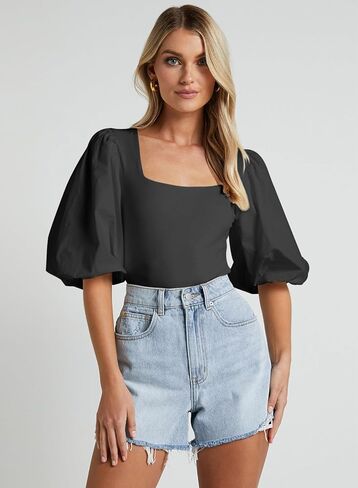 Women's Square Neck Puff Short Sleeve Tops Summer Dressy Casual Blouse T Shirts in Saudi Arabia