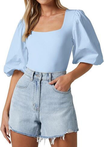 Women's Square Neck Puff Short Sleeve Tops Summer Dressy Casual Blouse T Shirts in Saudi Arabia