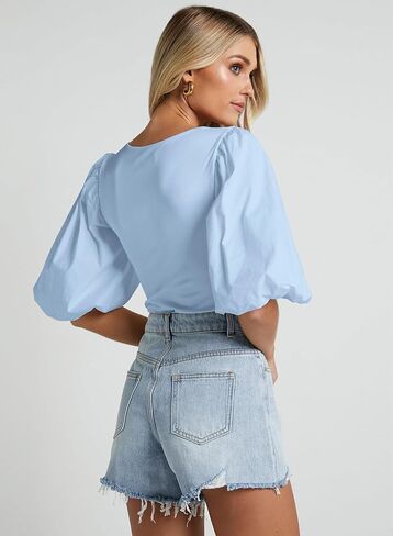 Women's Square Neck Puff Short Sleeve Tops Summer Dressy Casual Blouse T Shirts in Saudi Arabia
