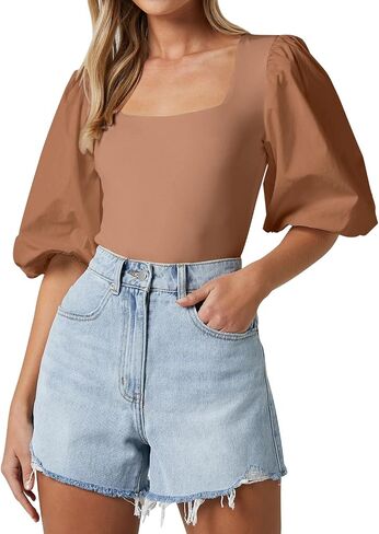 Women's Square Neck Puff Short Sleeve Tops Summer Dressy Casual Blouse T Shirts in Saudi Arabia
