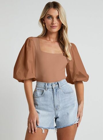 Women's Square Neck Puff Short Sleeve Tops Summer Dressy Casual Blouse T Shirts in Saudi Arabia