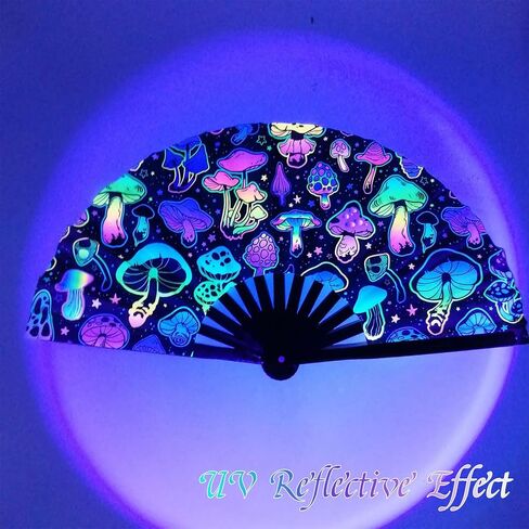URROMA Foldable UV Glow Butterfly Hand Fan, Bamboo Festival Clack Fan Large Rave Fan Folding Hand Fan Performance Dance Party Accessories For Men Women in Saudi Arabia