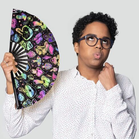 URROMA Foldable UV Glow Butterfly Hand Fan, Bamboo Festival Clack Fan Large Rave Fan Folding Hand Fan Performance Dance Party Accessories For Men Women in Saudi Arabia