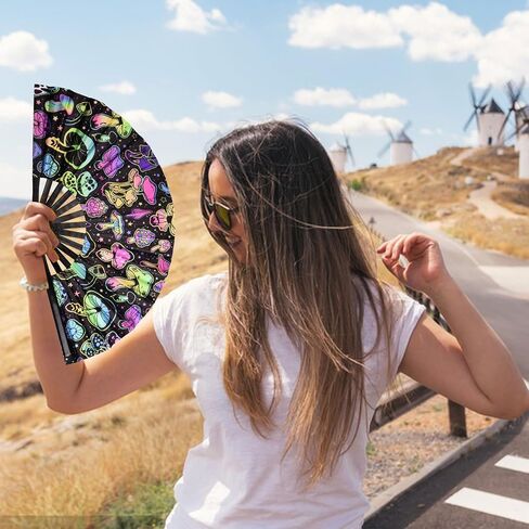 URROMA Foldable UV Glow Butterfly Hand Fan, Bamboo Festival Clack Fan Large Rave Fan Folding Hand Fan Performance Dance Party Accessories For Men Women in Saudi Arabia