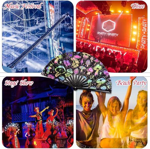 URROMA Foldable UV Glow Butterfly Hand Fan, Bamboo Festival Clack Fan Large Rave Fan Folding Hand Fan Performance Dance Party Accessories For Men Women in Saudi Arabia