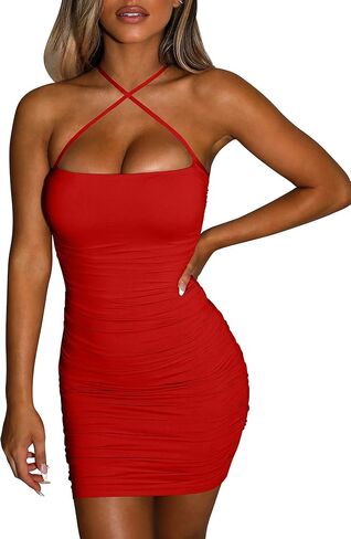 BORIFLORS Women's Sexy Bodycon Sleeveless Ruched Spaghetti Strap Mini Club Party Dress in Kuwait