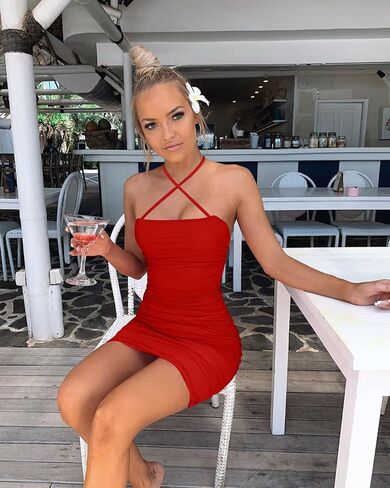 BORIFLORS Women's Sexy Bodycon Sleeveless Ruched Spaghetti Strap Mini Club Party Dress in Kuwait
