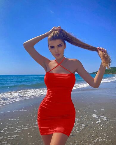 BORIFLORS Women's Sexy Bodycon Sleeveless Ruched Spaghetti Strap Mini Club Party Dress in Kuwait