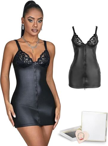 Ohyeahlady إمرأة بولي ملابس ملابس داخلية نسائية من الجلد فستان قصير قابل للتعديل السباغيتي زيبر الخامس الرقبة فستان بيبي دول للنساء ملابس الحفلات in Kuwait