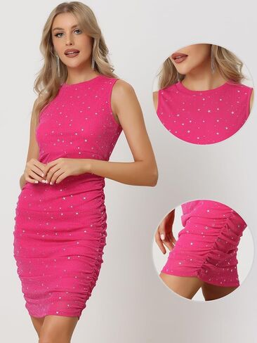 Allegra K Sleeveless Glitter Dress for Women's Crewneck Ruched Bodycon Star Mesh Dresses in Saudi Arabia