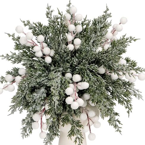 20 Pcs Artificial Snowy Pine Branches with Berry Stems, 10.5" Faux Evergreen Pine Picks Fake Greenery Foliage Sprigs Cypress Leaves Stems for Xmas Wreath DIY Vase Filler Home Decor (30, White berry) in Saudi Arabia