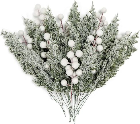 20 Pcs Artificial Snowy Pine Branches with Berry Stems, 10.5" Faux Evergreen Pine Picks Fake Greenery Foliage Sprigs Cypress Leaves Stems for Xmas Wreath DIY Vase Filler Home Decor (30, White berry) in Saudi Arabia