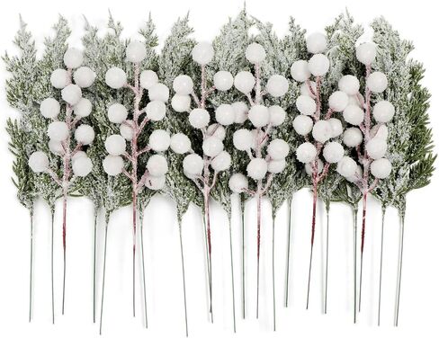 20 Pcs Artificial Snowy Pine Branches with Berry Stems, 10.5" Faux Evergreen Pine Picks Fake Greenery Foliage Sprigs Cypress Leaves Stems for Xmas Wreath DIY Vase Filler Home Decor (30, White berry) in Saudi Arabia