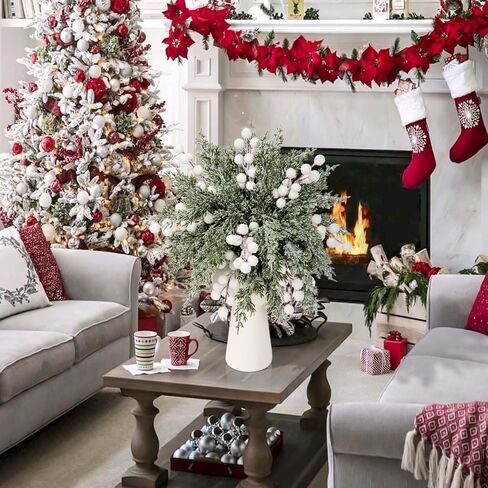 20 Pcs Artificial Snowy Pine Branches with Berry Stems, 10.5" Faux Evergreen Pine Picks Fake Greenery Foliage Sprigs Cypress Leaves Stems for Xmas Wreath DIY Vase Filler Home Decor (30, White berry) in Saudi Arabia