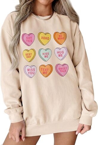 Women Valentine Sweatshirt Love Heart XOXO Funny Conversation Heart Graphic Shirt Tops Crewneck Oversized Outfits(Apricot,XLarge) in Kuwait