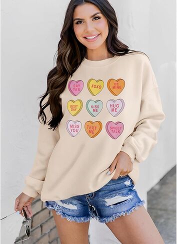 Women Valentine Sweatshirt Love Heart XOXO Funny Conversation Heart Graphic Shirt Tops Crewneck Oversized Outfits(Apricot,XLarge) in Kuwait