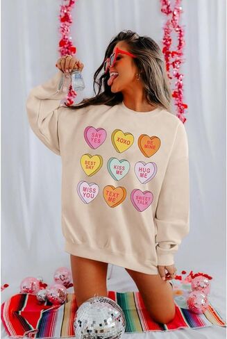 Women Valentine Sweatshirt Love Heart XOXO Funny Conversation Heart Graphic Shirt Tops Crewneck Oversized Outfits(Apricot,XLarge) in Kuwait