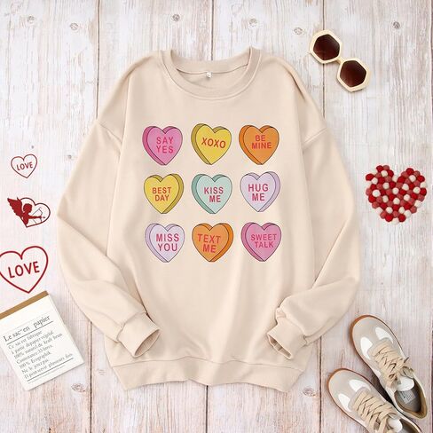 Women Valentine Sweatshirt Love Heart XOXO Funny Conversation Heart Graphic Shirt Tops Crewneck Oversized Outfits(Apricot,XLarge) in Kuwait